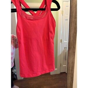Lululemon Tank Top Women Sz 10 coral Pink Round Neck Strappy Cross Back Logo
